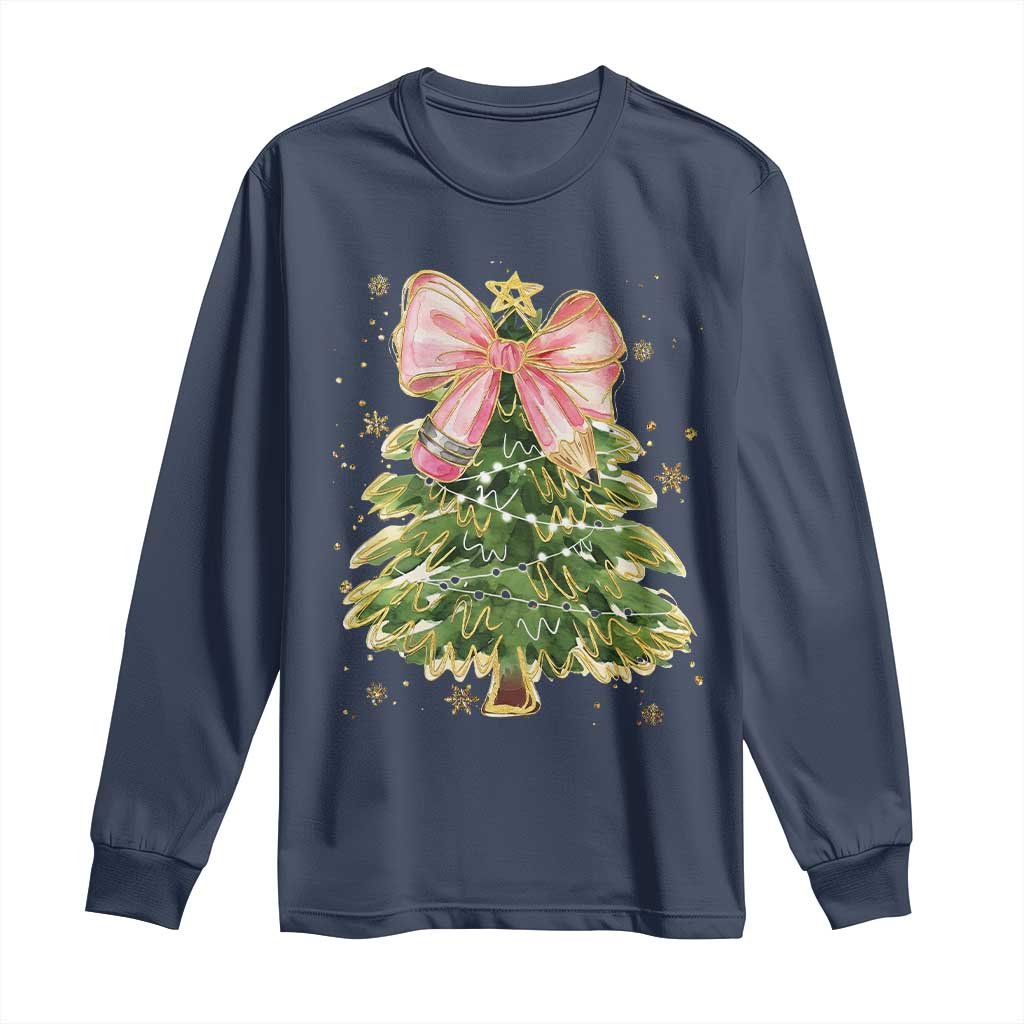 Coquette Bow Christmas Long Sleeve Shirt Cute Teacher Xmas Tree Pink - Wonder Print Shop