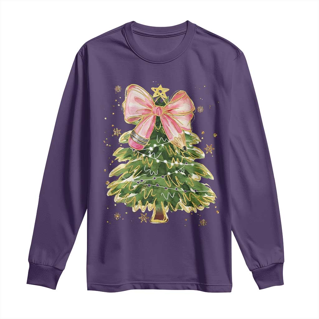 Coquette Bow Christmas Long Sleeve Shirt Cute Teacher Xmas Tree Pink - Wonder Print Shop