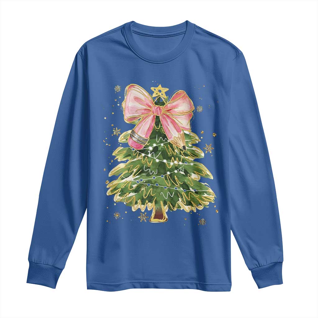 Coquette Bow Christmas Long Sleeve Shirt Cute Teacher Xmas Tree Pink - Wonder Print Shop