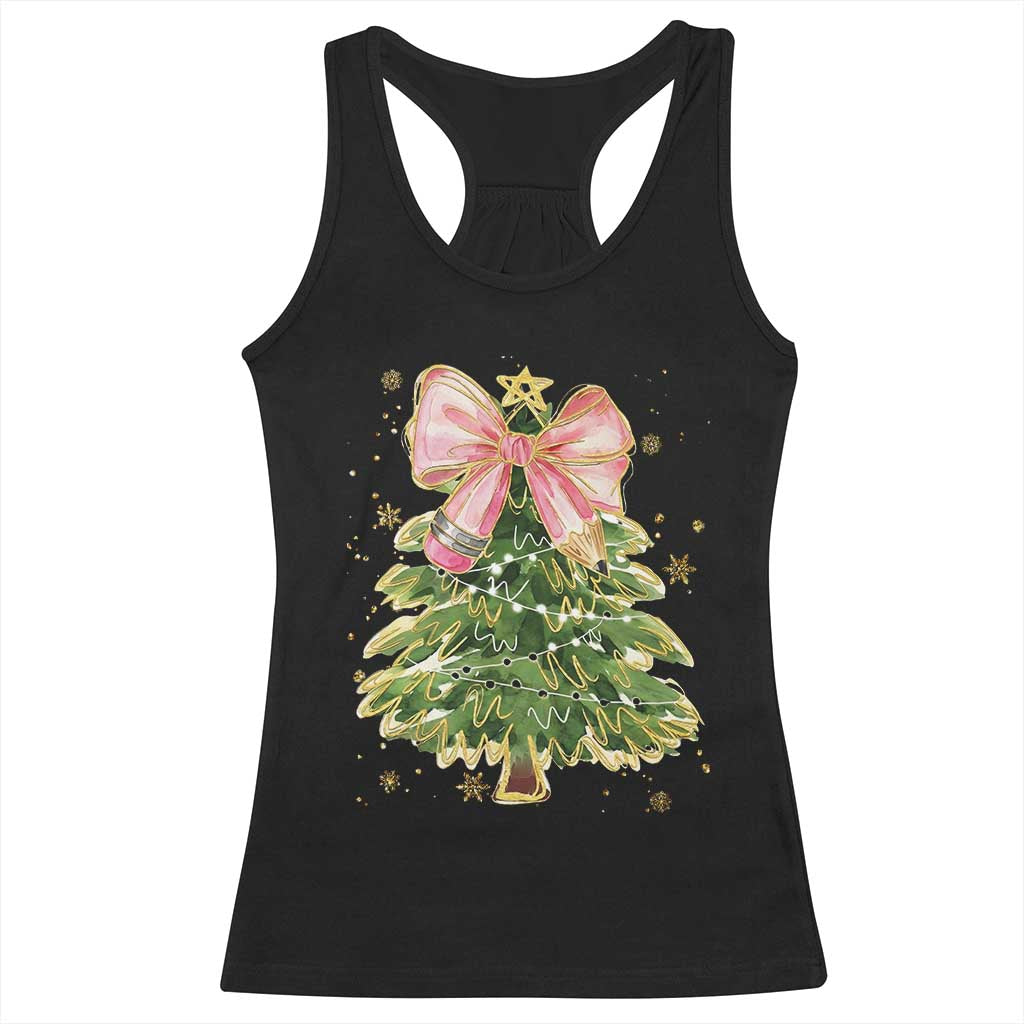 Coquette Bow Christmas Racerback Tank Top Cute Teacher Xmas Tree Pink - Wonder Print Shop