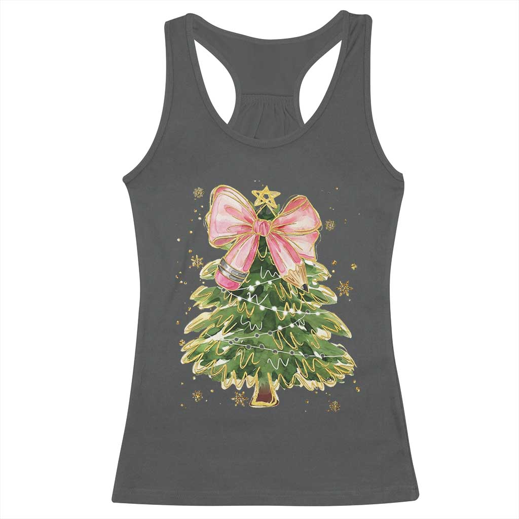 Coquette Bow Christmas Racerback Tank Top Cute Teacher Xmas Tree Pink - Wonder Print Shop