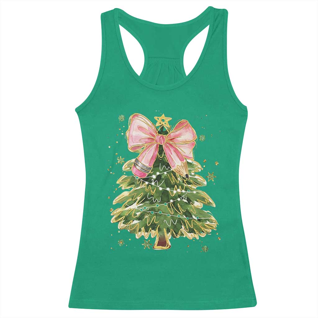 Coquette Bow Christmas Racerback Tank Top Cute Teacher Xmas Tree Pink - Wonder Print Shop