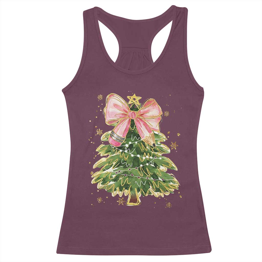 Coquette Bow Christmas Racerback Tank Top Cute Teacher Xmas Tree Pink - Wonder Print Shop