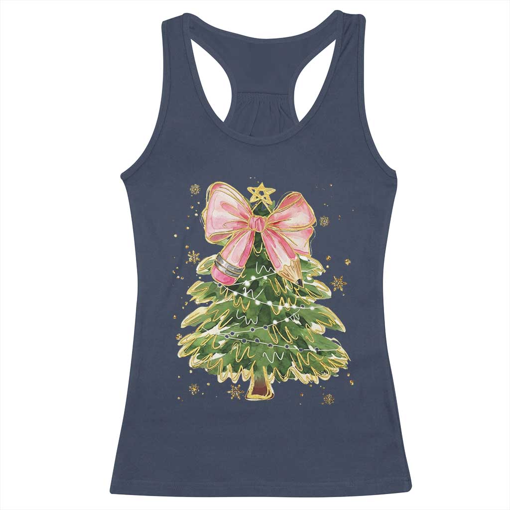 Coquette Bow Christmas Racerback Tank Top Cute Teacher Xmas Tree Pink - Wonder Print Shop