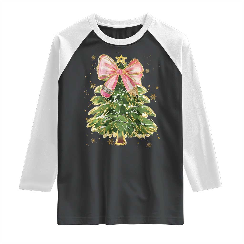 Coquette Bow Christmas Raglan Shirt Cute Teacher Xmas Tree Pink - Wonder Print Shop