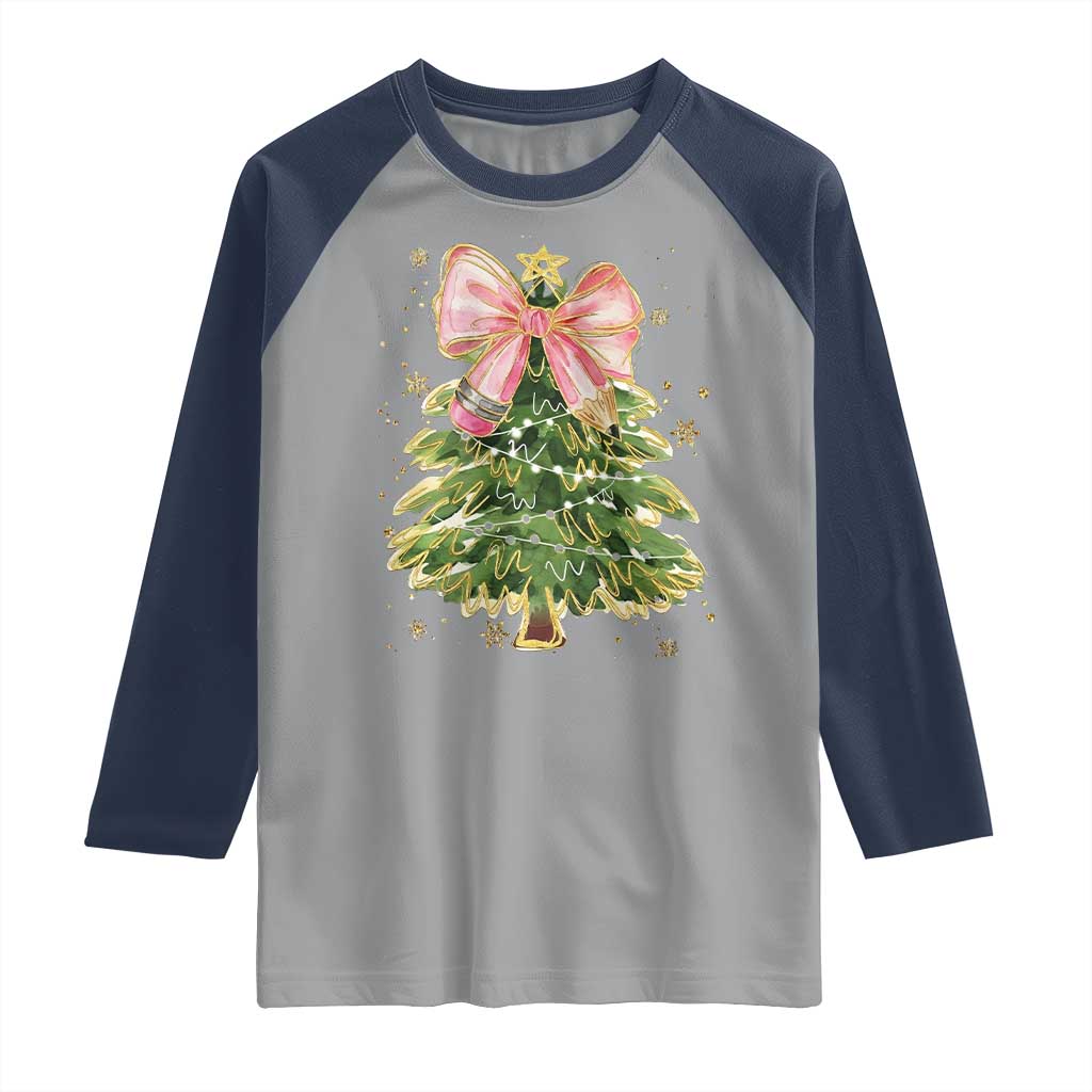 Coquette Bow Christmas Raglan Shirt Cute Teacher Xmas Tree Pink - Wonder Print Shop
