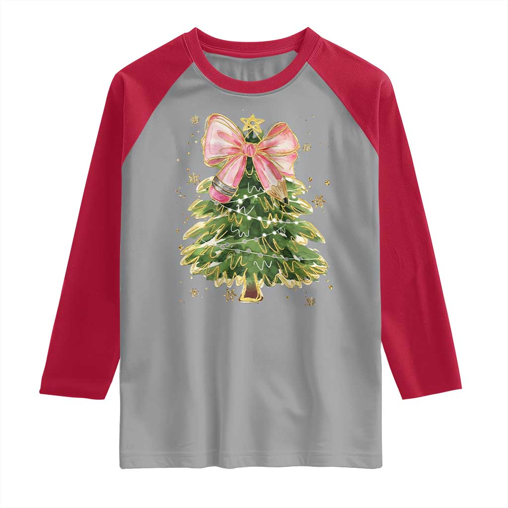 Coquette Bow Christmas Raglan Shirt Cute Teacher Xmas Tree Pink - Wonder Print Shop