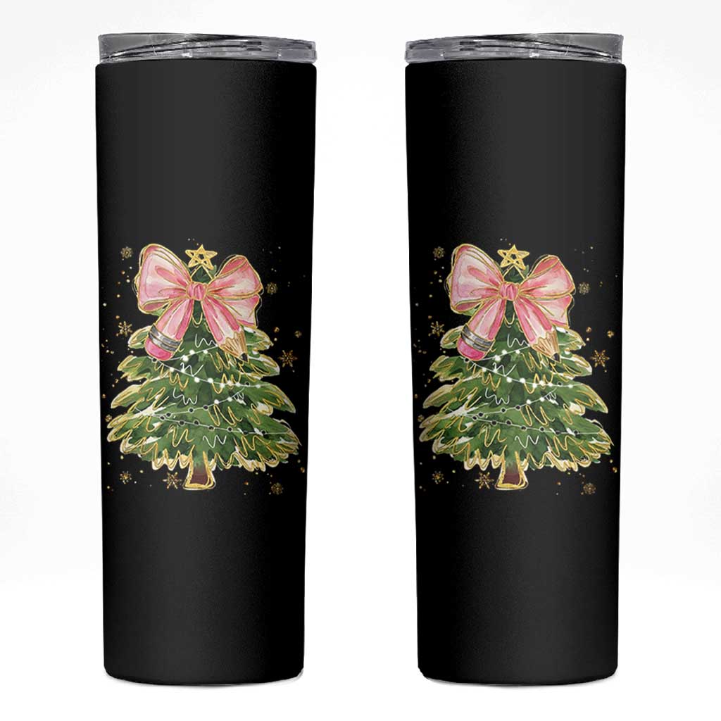 Coquette Bow Christmas Skinny Tumbler Cute Teacher Xmas Tree Pink - Wonder Print Shop