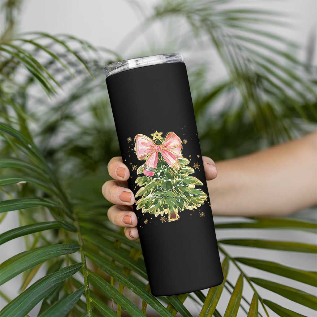 Coquette Bow Christmas Skinny Tumbler Cute Teacher Xmas Tree Pink - Wonder Print Shop