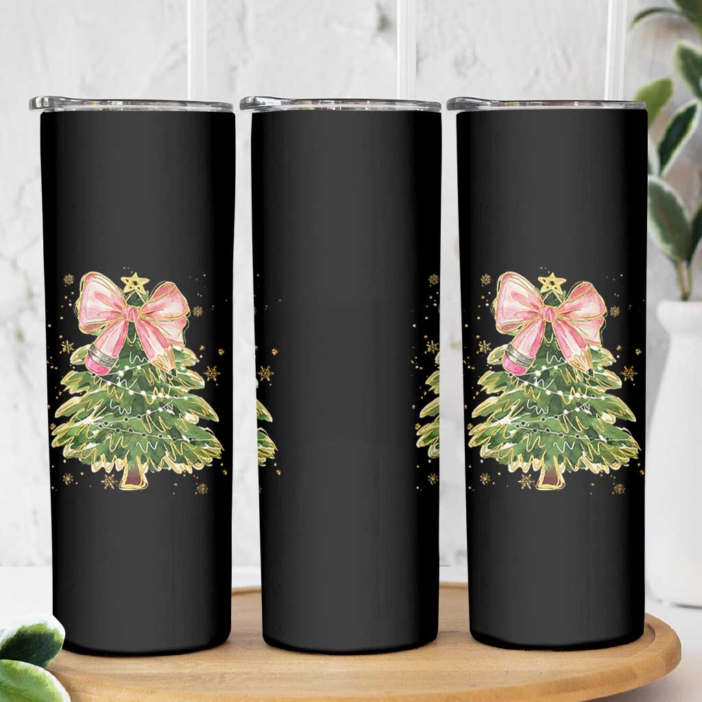 Coquette Bow Christmas Skinny Tumbler Cute Teacher Xmas Tree Pink - Wonder Print Shop