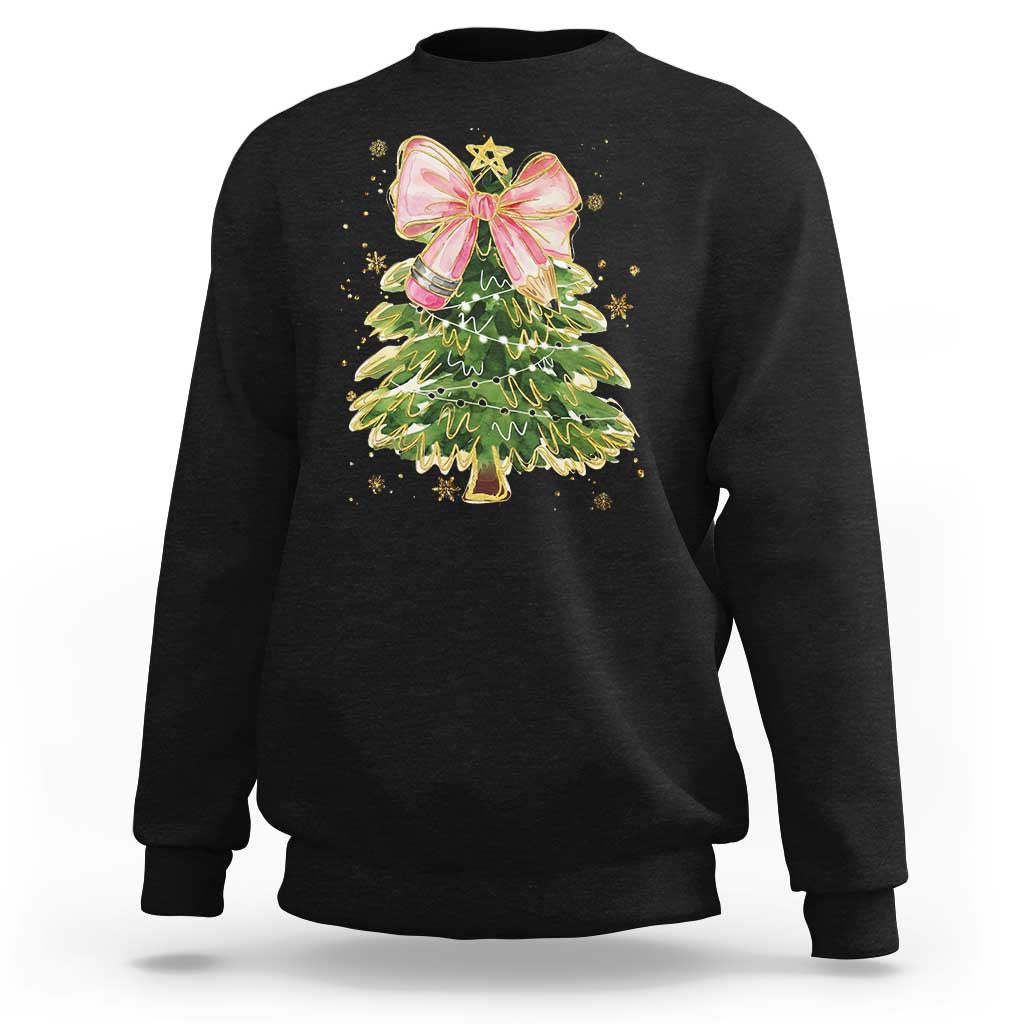 Coquette Bow Christmas Sweatshirt Cute Teacher Xmas Tree Pink - Wonder Print Shop