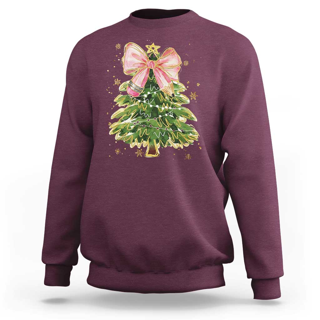 Coquette Bow Christmas Sweatshirt Cute Teacher Xmas Tree Pink - Wonder Print Shop