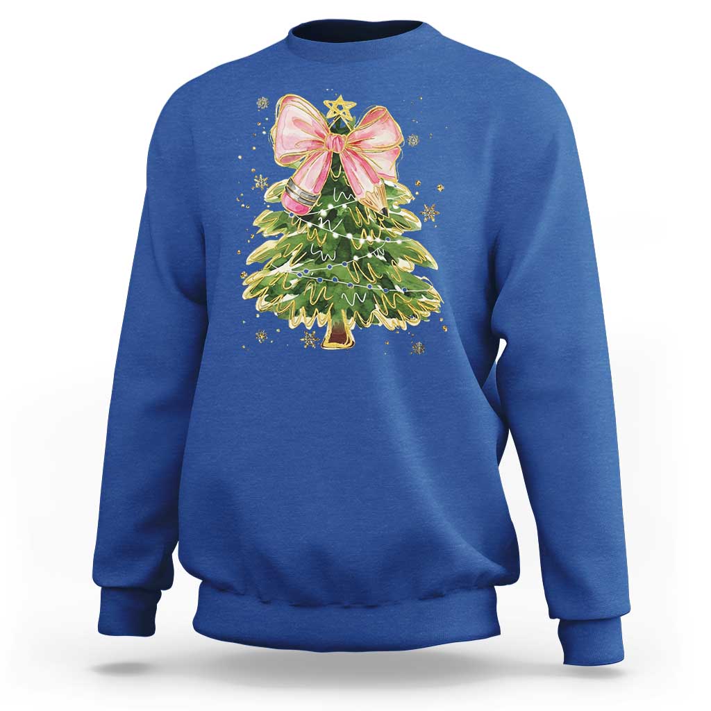 Coquette Bow Christmas Sweatshirt Cute Teacher Xmas Tree Pink - Wonder Print Shop