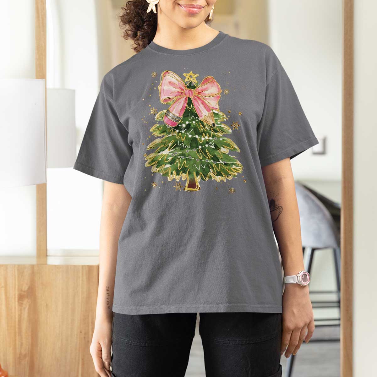 Coquette Bow Christmas T Shirt For Women Cute Teacher Xmas Tree Pink - Wonder Print Shop