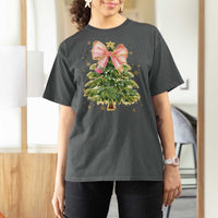 Coquette Bow Christmas T Shirt For Women Cute Teacher Xmas Tree Pink - Wonder Print Shop