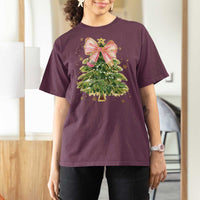 Coquette Bow Christmas T Shirt For Women Cute Teacher Xmas Tree Pink - Wonder Print Shop