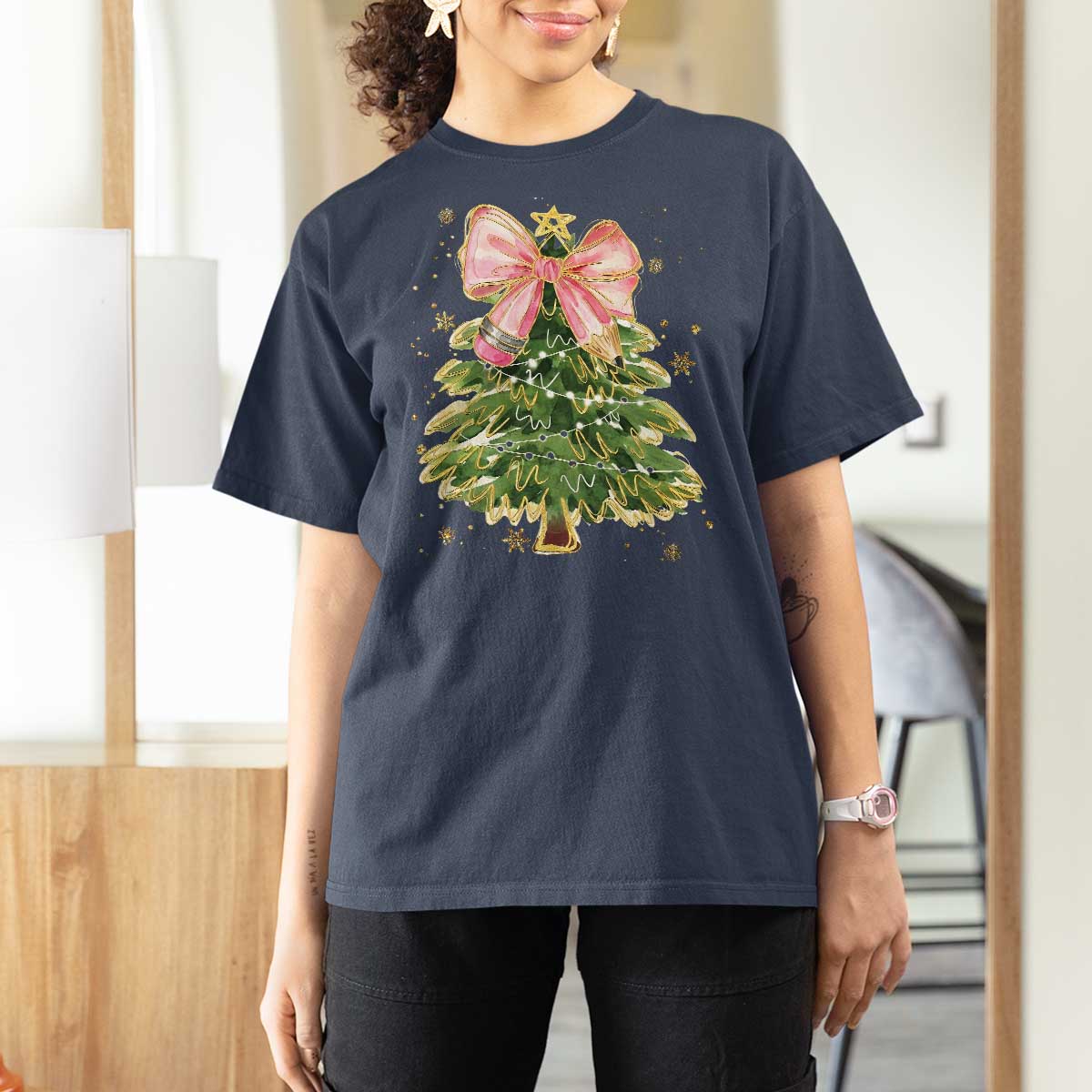 Coquette Bow Christmas T Shirt For Women Cute Teacher Xmas Tree Pink - Wonder Print Shop