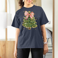 Coquette Bow Christmas T Shirt For Women Cute Teacher Xmas Tree Pink - Wonder Print Shop