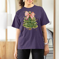 Coquette Bow Christmas T Shirt For Women Cute Teacher Xmas Tree Pink - Wonder Print Shop