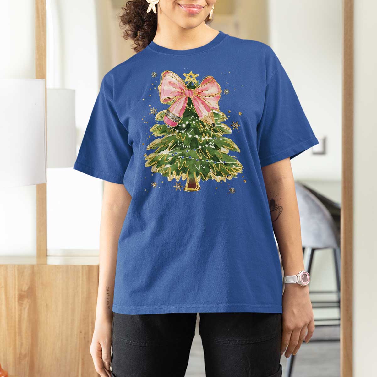 Coquette Bow Christmas T Shirt For Women Cute Teacher Xmas Tree Pink - Wonder Print Shop