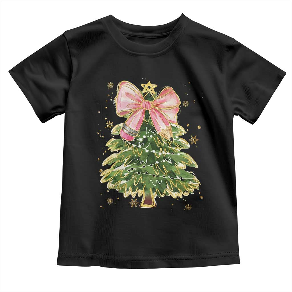 Coquette Bow Christmas Toddler T Shirt Cute Teacher Xmas Tree Pink - Wonder Print Shop