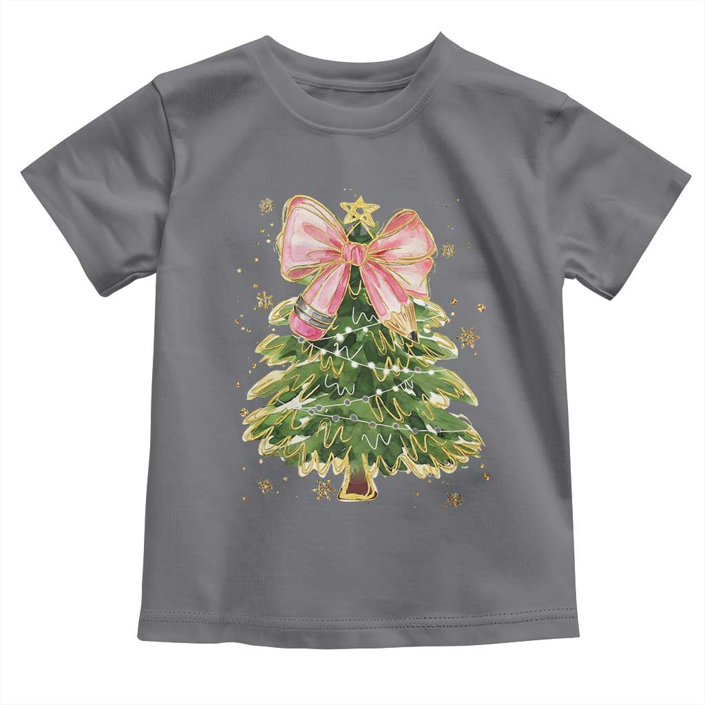 Coquette Bow Christmas Toddler T Shirt Cute Teacher Xmas Tree Pink - Wonder Print Shop