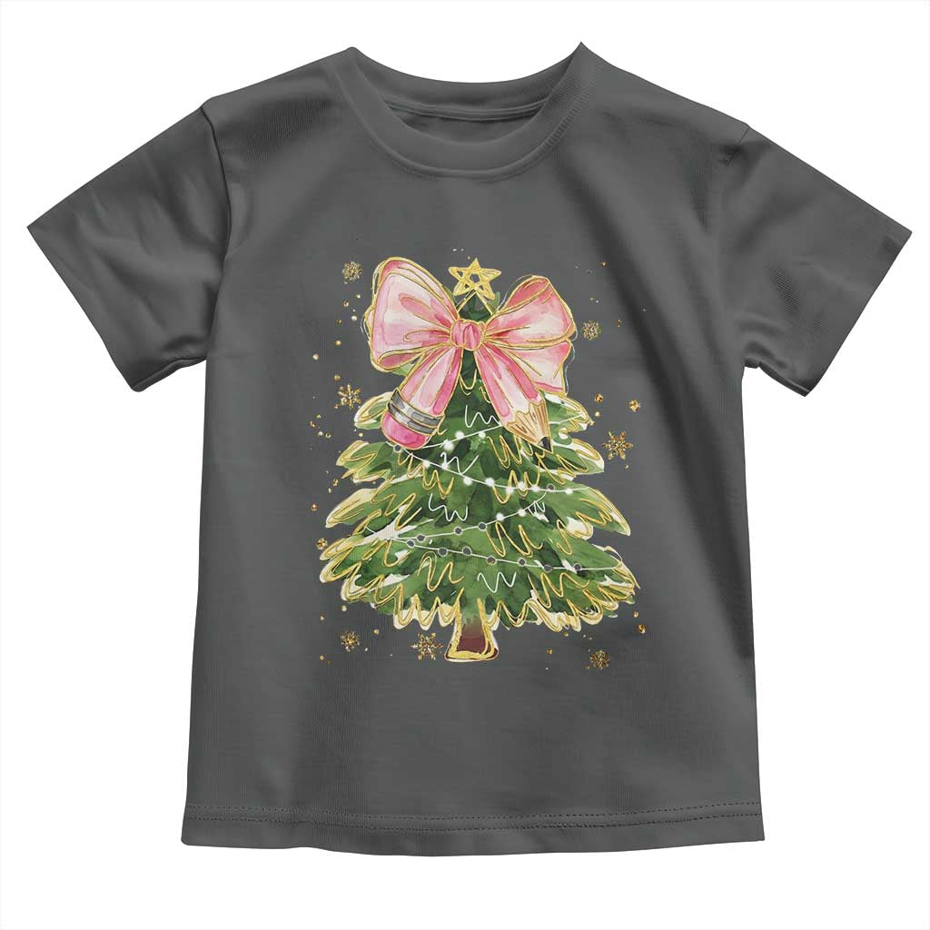 Coquette Bow Christmas Toddler T Shirt Cute Teacher Xmas Tree Pink - Wonder Print Shop