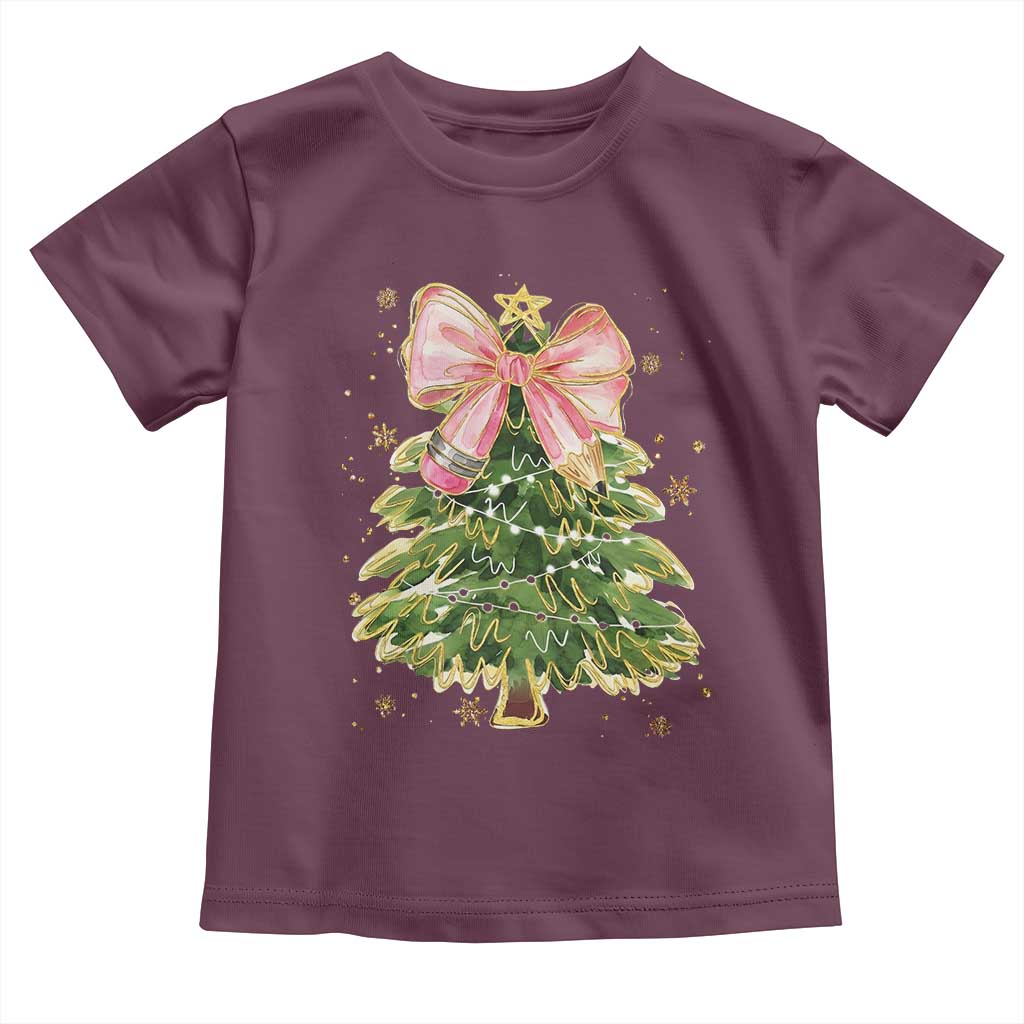 Coquette Bow Christmas Toddler T Shirt Cute Teacher Xmas Tree Pink - Wonder Print Shop