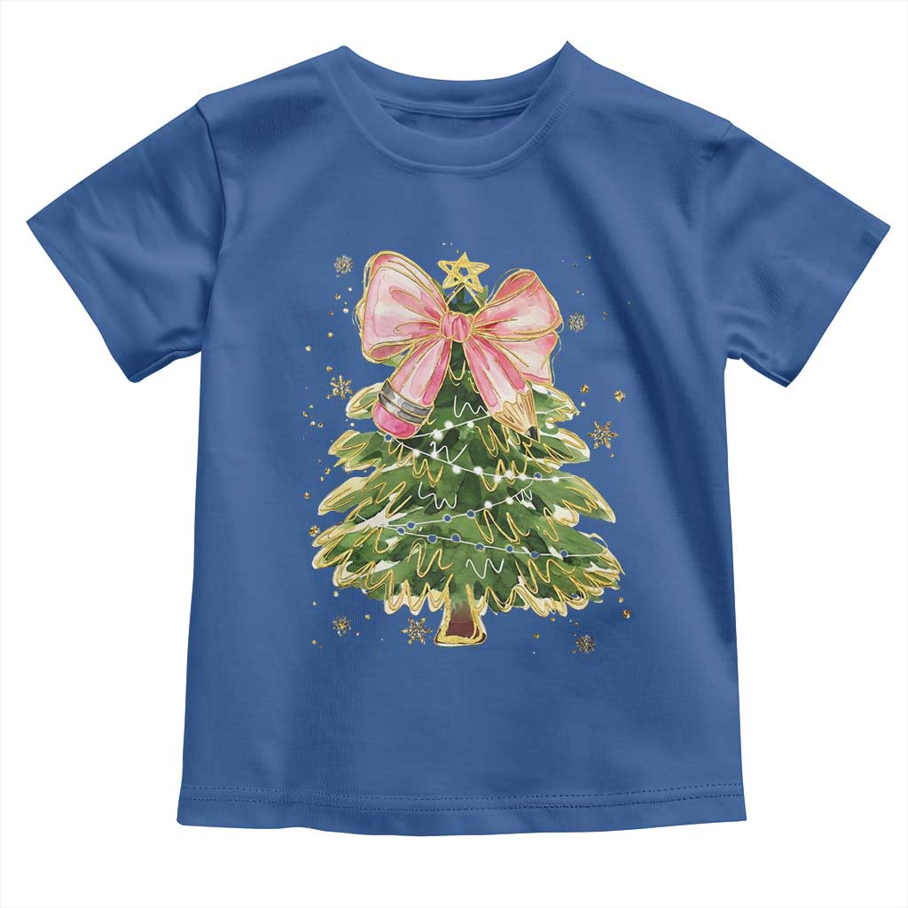 Coquette Bow Christmas Toddler T Shirt Cute Teacher Xmas Tree Pink - Wonder Print Shop