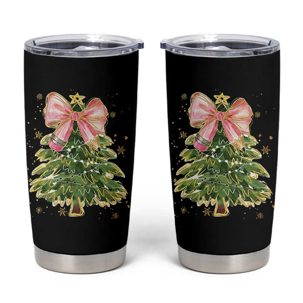 Coquette Bow Christmas Tumbler Cup Cute Teacher Xmas Tree Pink - Wonder Print Shop