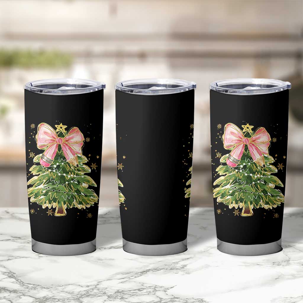 Coquette Bow Christmas Tumbler Cup Cute Teacher Xmas Tree Pink - Wonder Print Shop