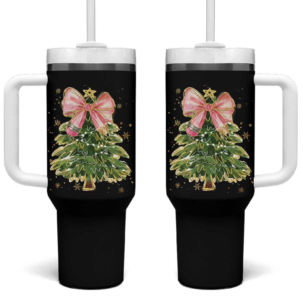 Coquette Bow Christmas Tumbler With Handle Cute Teacher Xmas Tree Pink - Wonder Print Shop