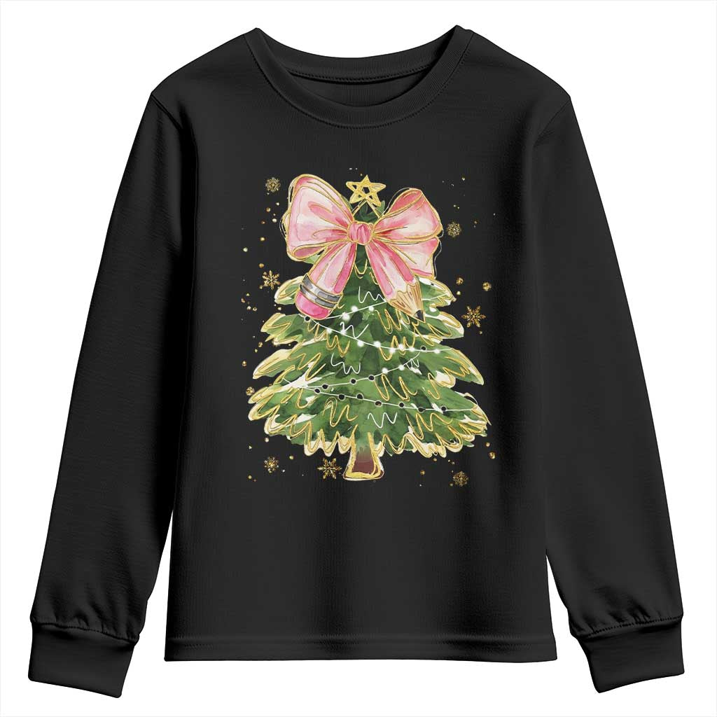 Coquette Bow Christmas Youth Sweatshirt Cute Teacher Xmas Tree Pink - Wonder Print Shop