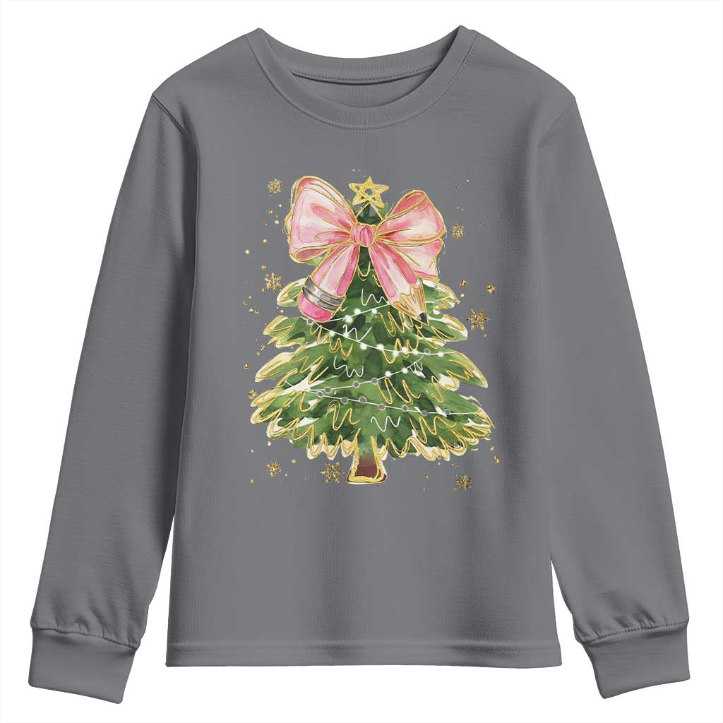 Coquette Bow Christmas Youth Sweatshirt Cute Teacher Xmas Tree Pink - Wonder Print Shop
