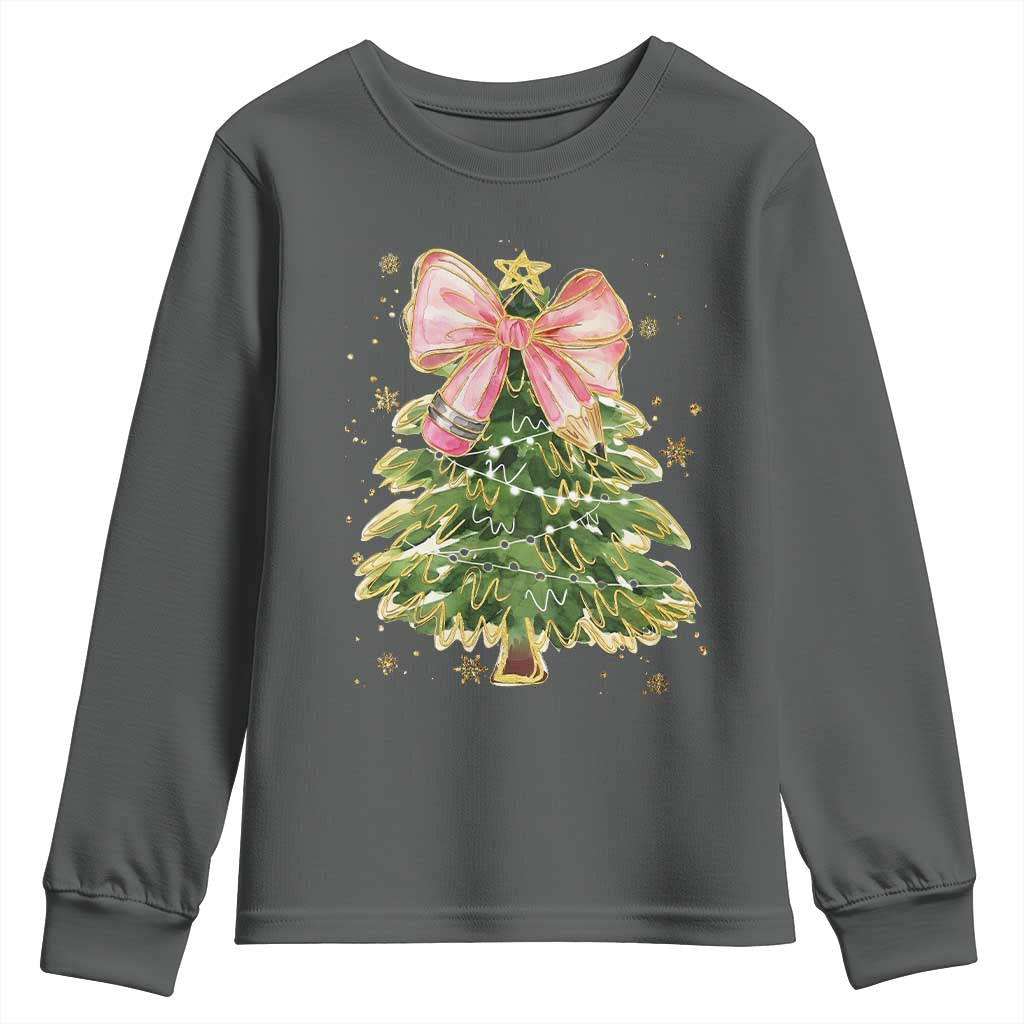 Coquette Bow Christmas Youth Sweatshirt Cute Teacher Xmas Tree Pink - Wonder Print Shop