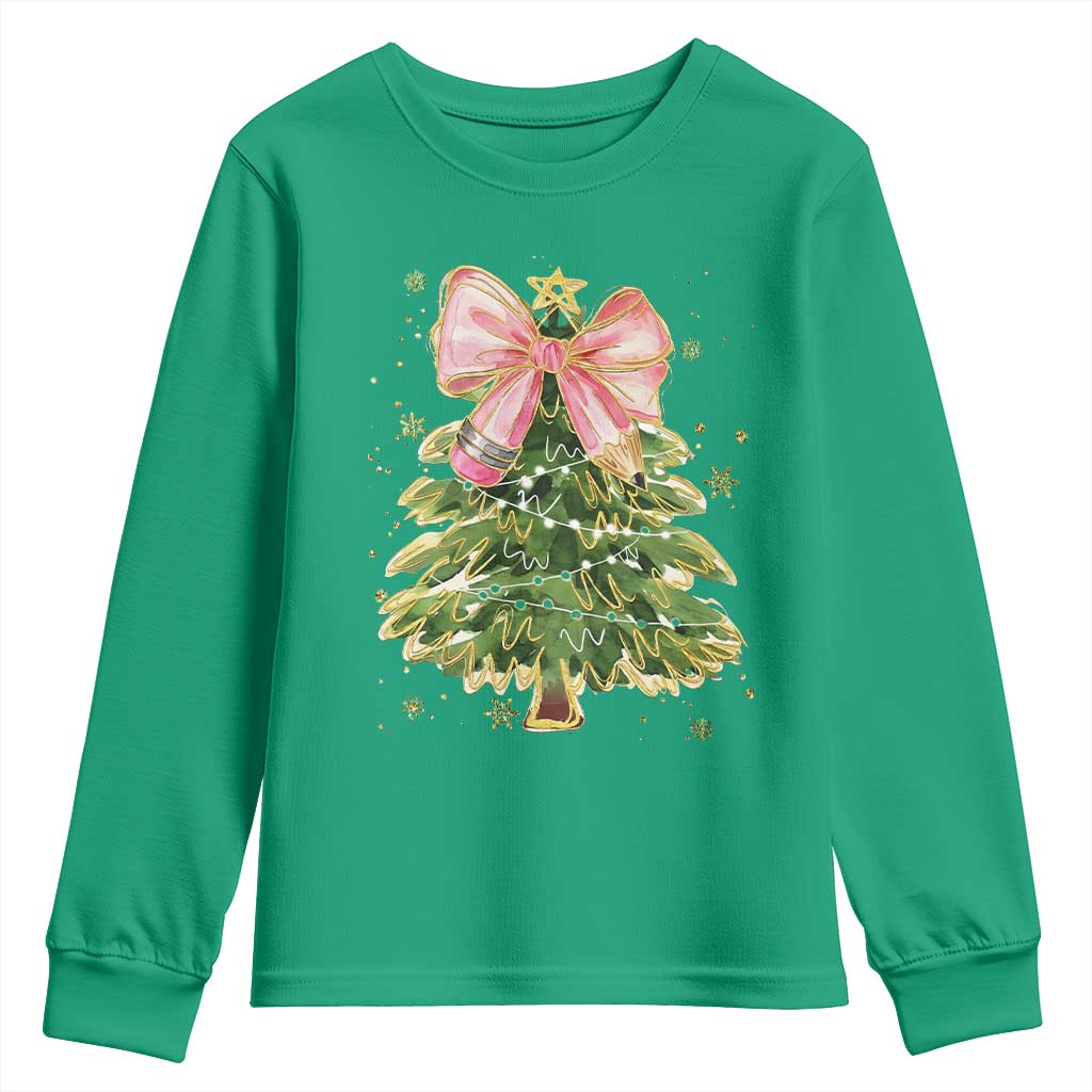 Coquette Bow Christmas Youth Sweatshirt Cute Teacher Xmas Tree Pink - Wonder Print Shop