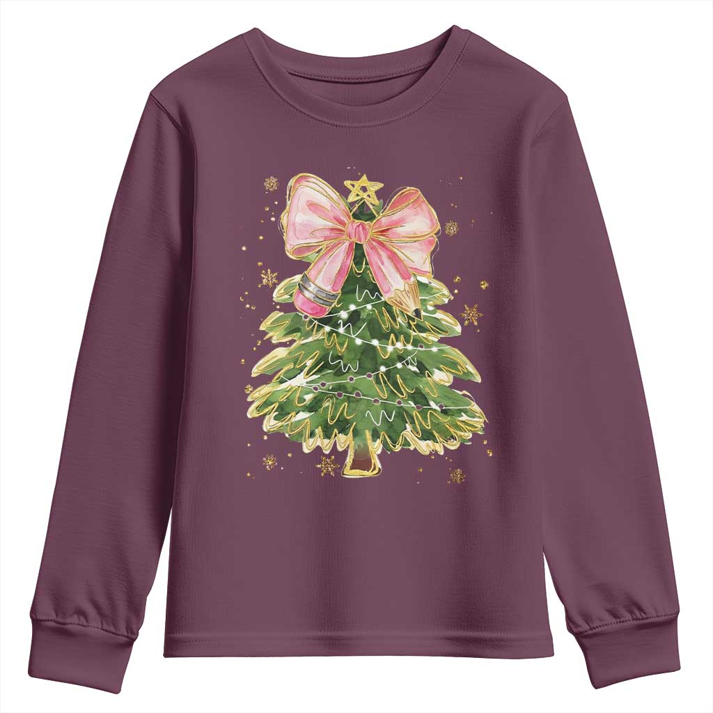 Coquette Bow Christmas Youth Sweatshirt Cute Teacher Xmas Tree Pink - Wonder Print Shop