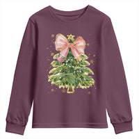 Coquette Bow Christmas Youth Sweatshirt Cute Teacher Xmas Tree Pink - Wonder Print Shop