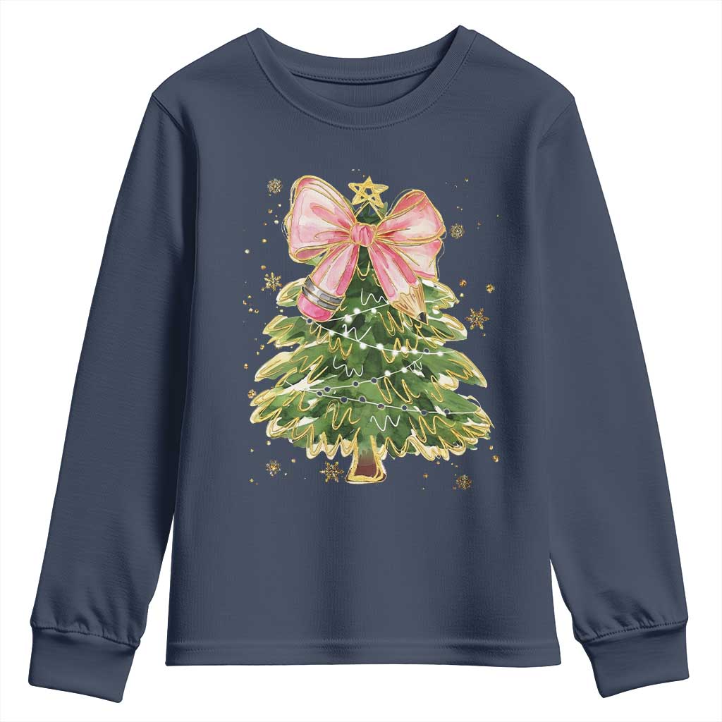 Coquette Bow Christmas Youth Sweatshirt Cute Teacher Xmas Tree Pink - Wonder Print Shop