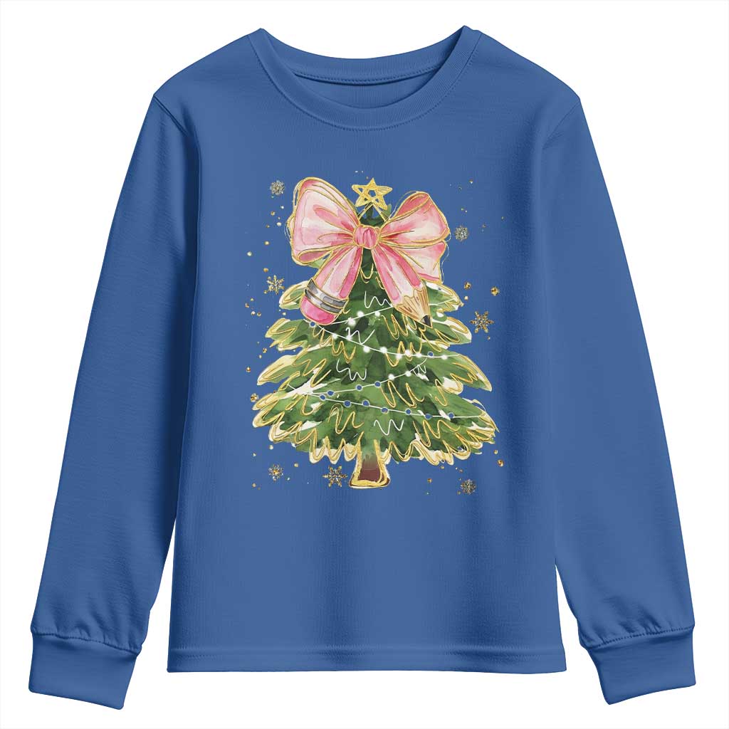 Coquette Bow Christmas Youth Sweatshirt Cute Teacher Xmas Tree Pink - Wonder Print Shop