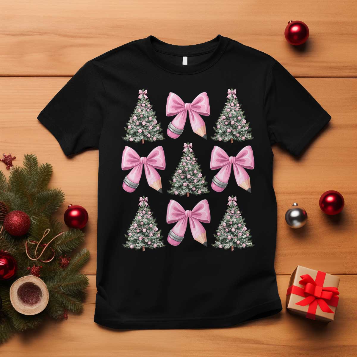 Coquette Bow Christmas T Shirt Girly Xmas Tree Teacher Pencil Bow - Wonder Print Shop