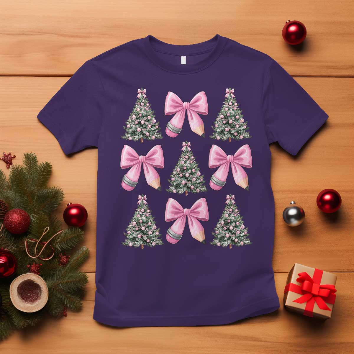 Coquette Bow Christmas T Shirt Girly Xmas Tree Teacher Pencil Bow - Wonder Print Shop