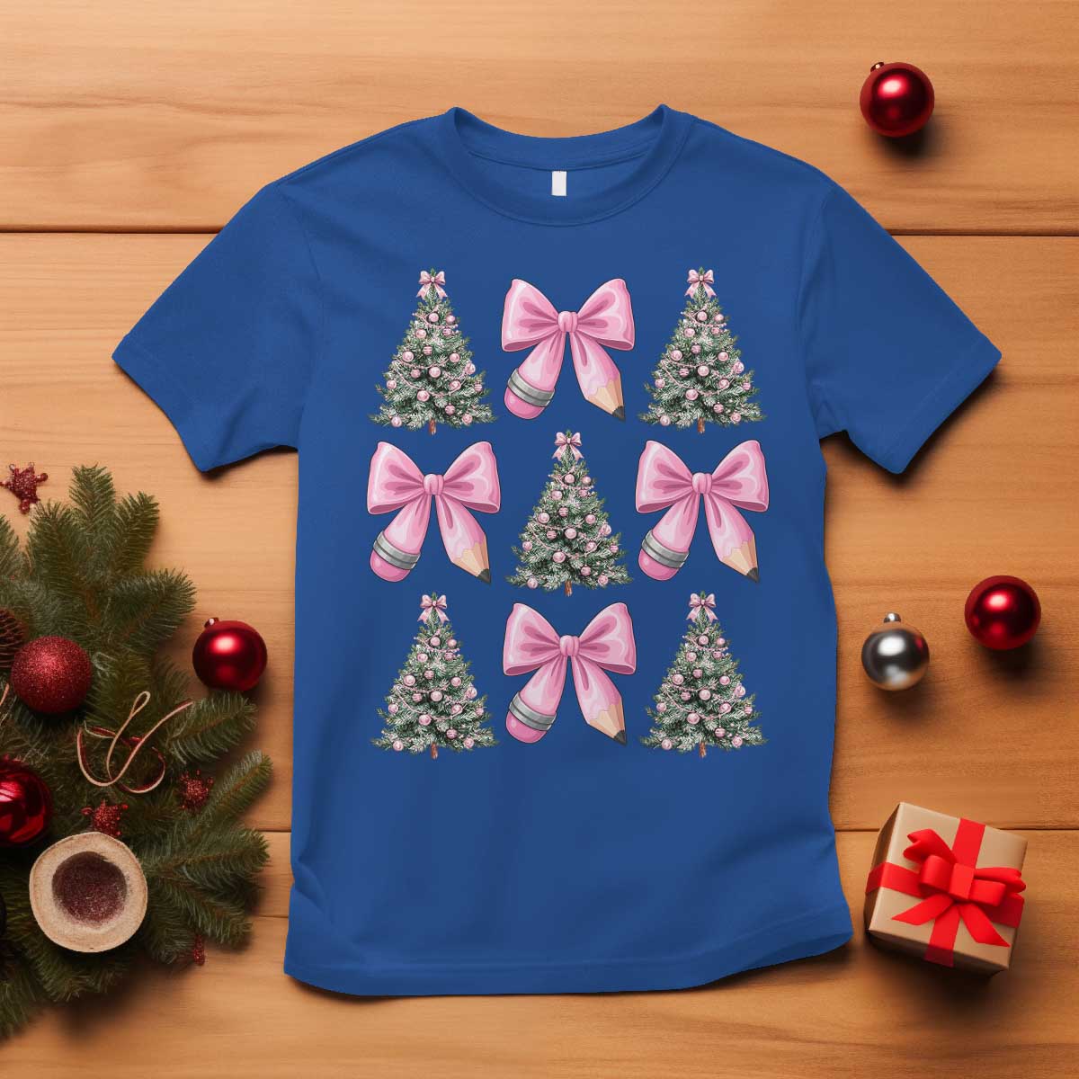 Coquette Bow Christmas T Shirt Girly Xmas Tree Teacher Pencil Bow - Wonder Print Shop