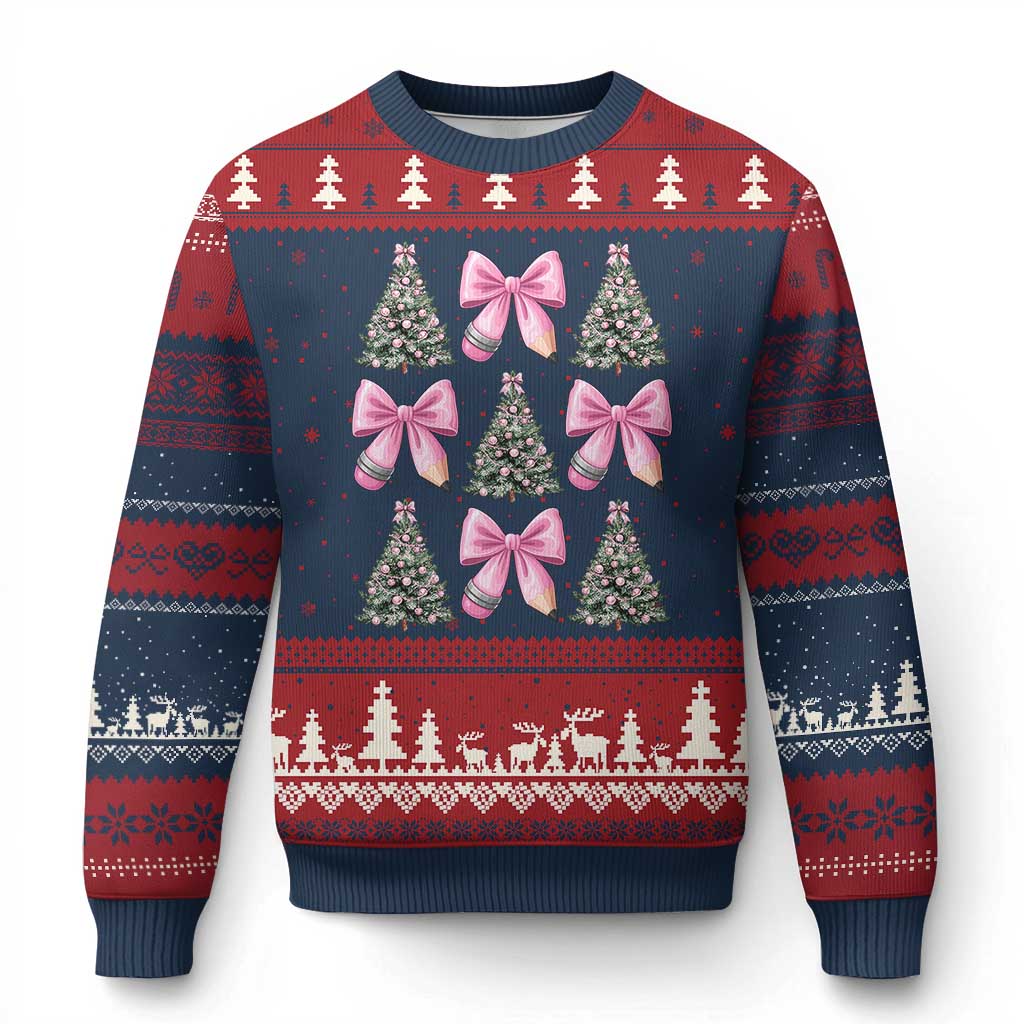Coquette Bow Xmas Ugly Christmas Sweater Girly Xmas Tree Teacher Pencil Bow - Wonder Print Shop