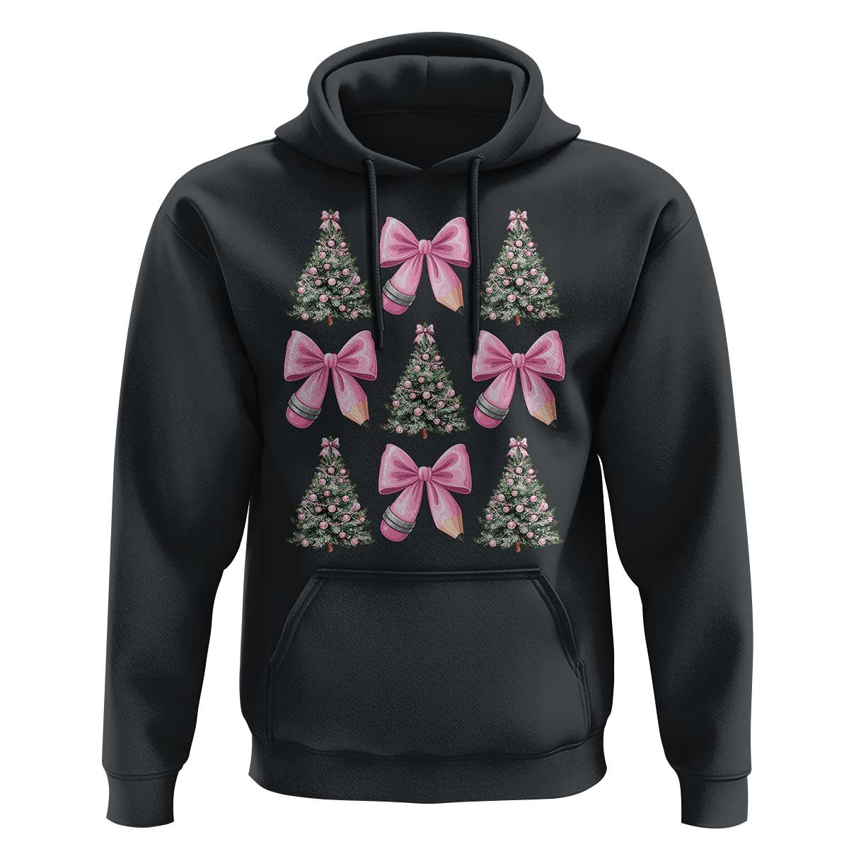 Coquette Bow Christmas Hoodie Girly Xmas Tree Teacher Pencil Bow - Wonder Print Shop