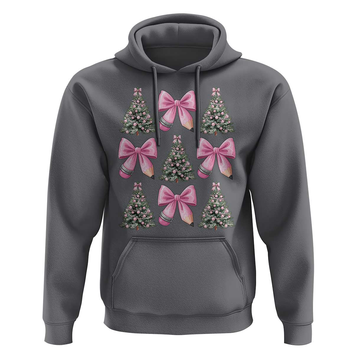 Coquette Bow Christmas Hoodie Girly Xmas Tree Teacher Pencil Bow - Wonder Print Shop