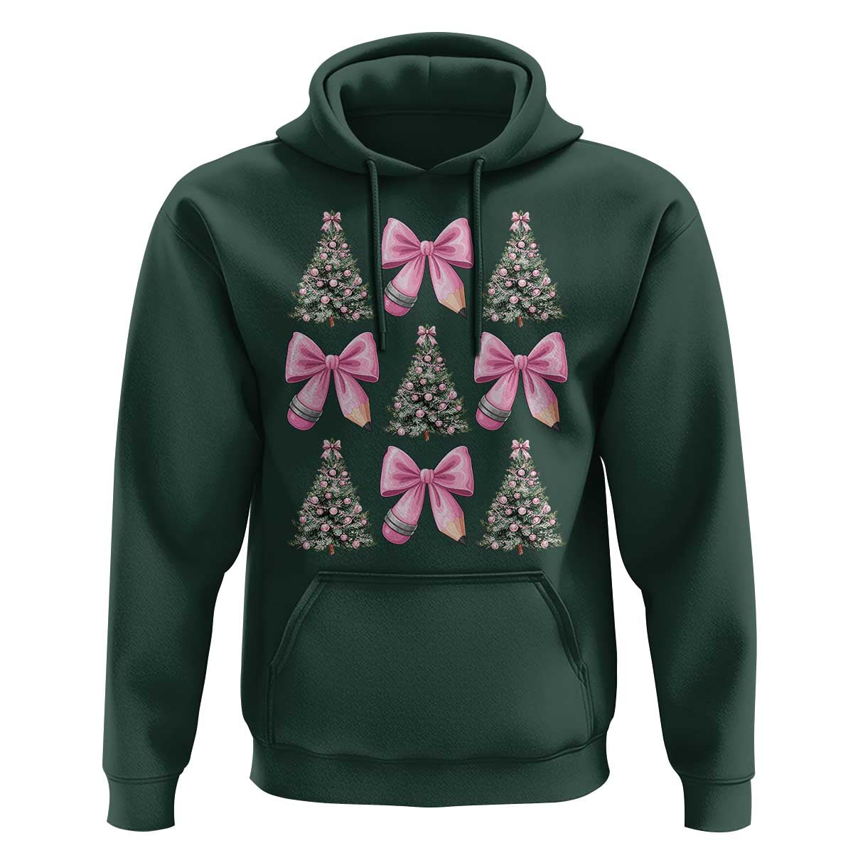 Coquette Bow Christmas Hoodie Girly Xmas Tree Teacher Pencil Bow - Wonder Print Shop