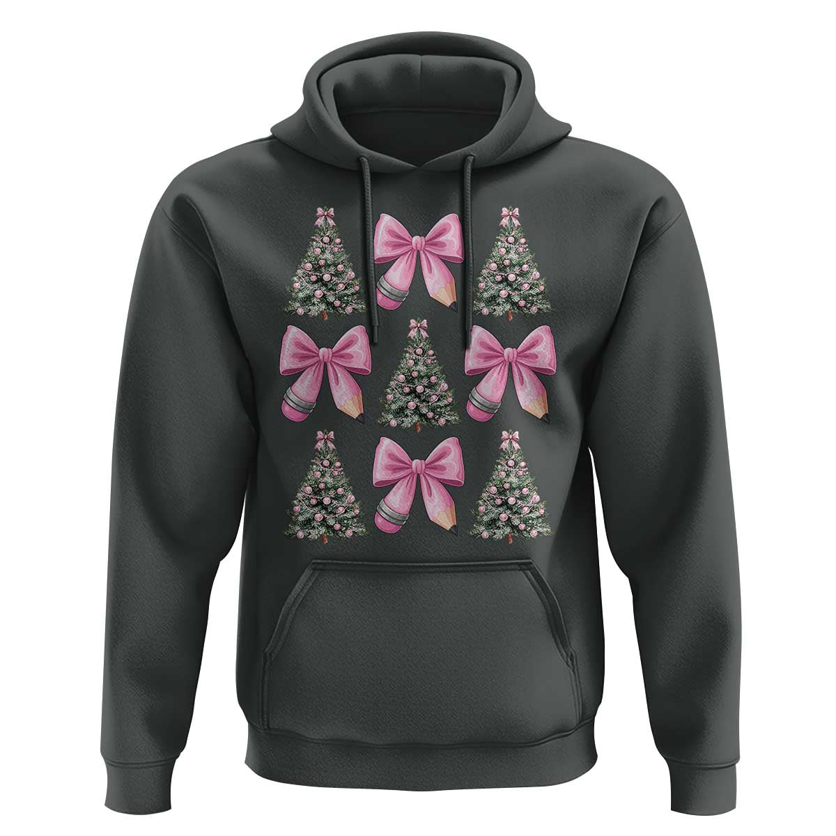 Coquette Bow Christmas Hoodie Girly Xmas Tree Teacher Pencil Bow - Wonder Print Shop