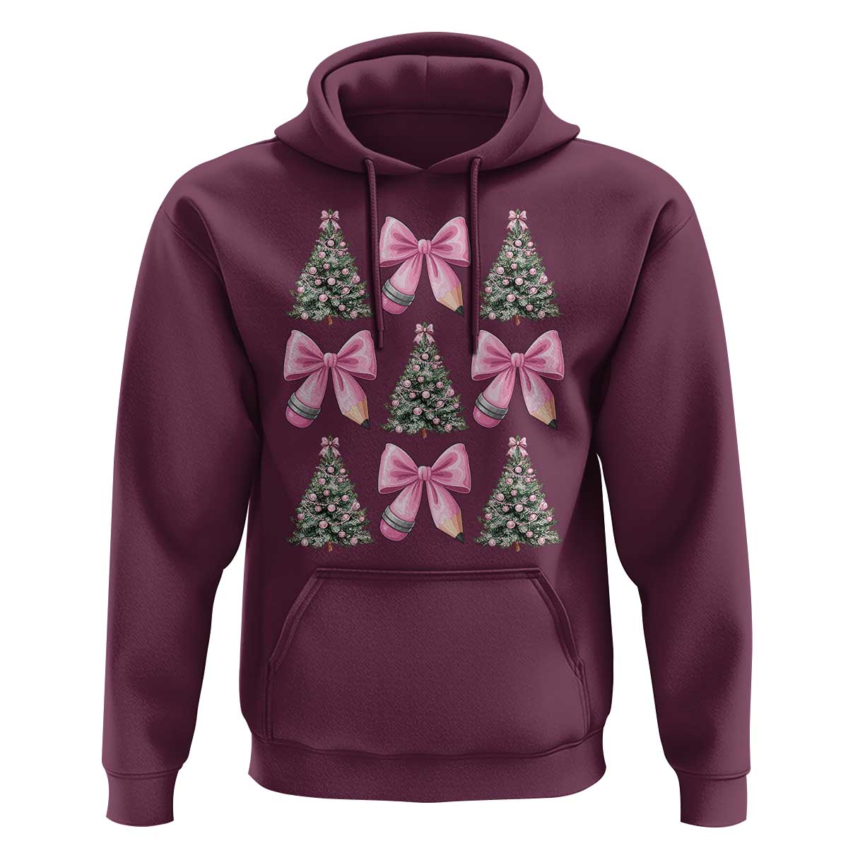 Coquette Bow Christmas Hoodie Girly Xmas Tree Teacher Pencil Bow - Wonder Print Shop
