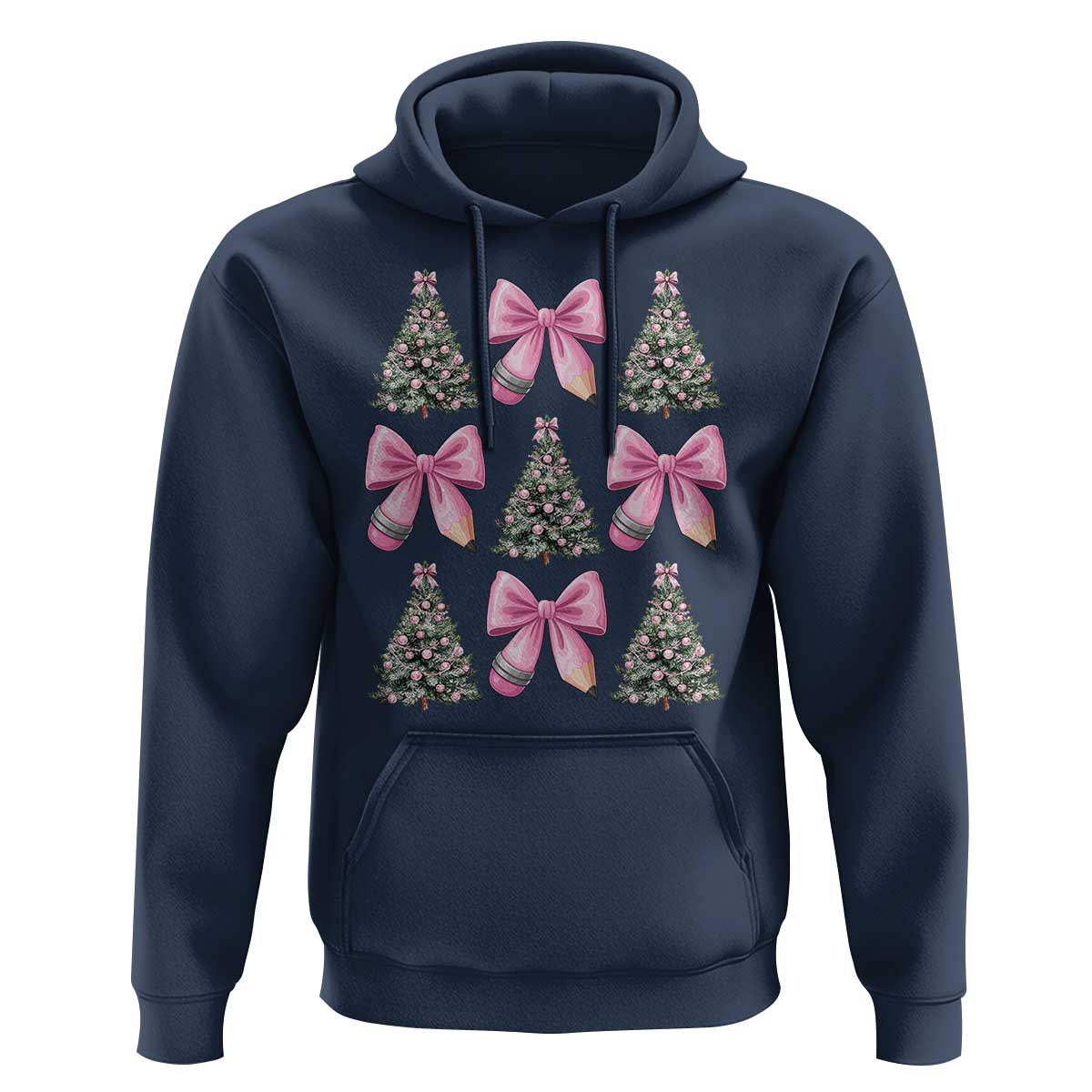 Coquette Bow Christmas Hoodie Girly Xmas Tree Teacher Pencil Bow - Wonder Print Shop